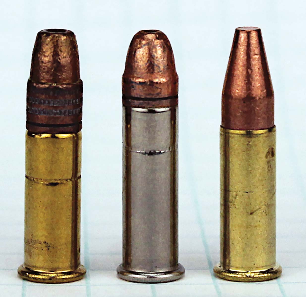 Fast, faster, fastest (left to right): At 1,435 fps, Winchester’s 22 Long Rifle Hyper Velocity Copper Plated HP edges up to the 1,640 fps of CCI’s Stinger, but both fall short of the 21 Sharp’s 1,750 fps in the Copper Matrix bullet loading.